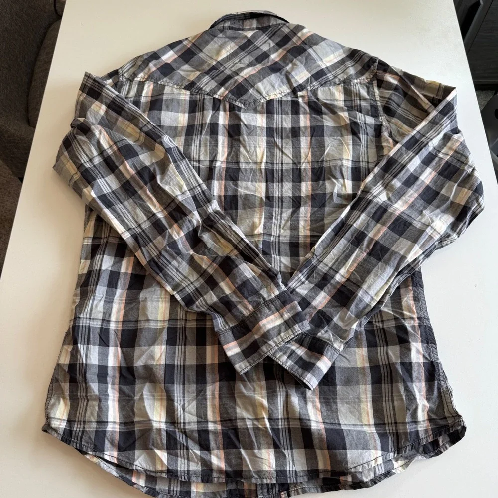Christian Audigier Mens Plaid Button Down Shirt Black Grey Orange Long Sleeve‎ M